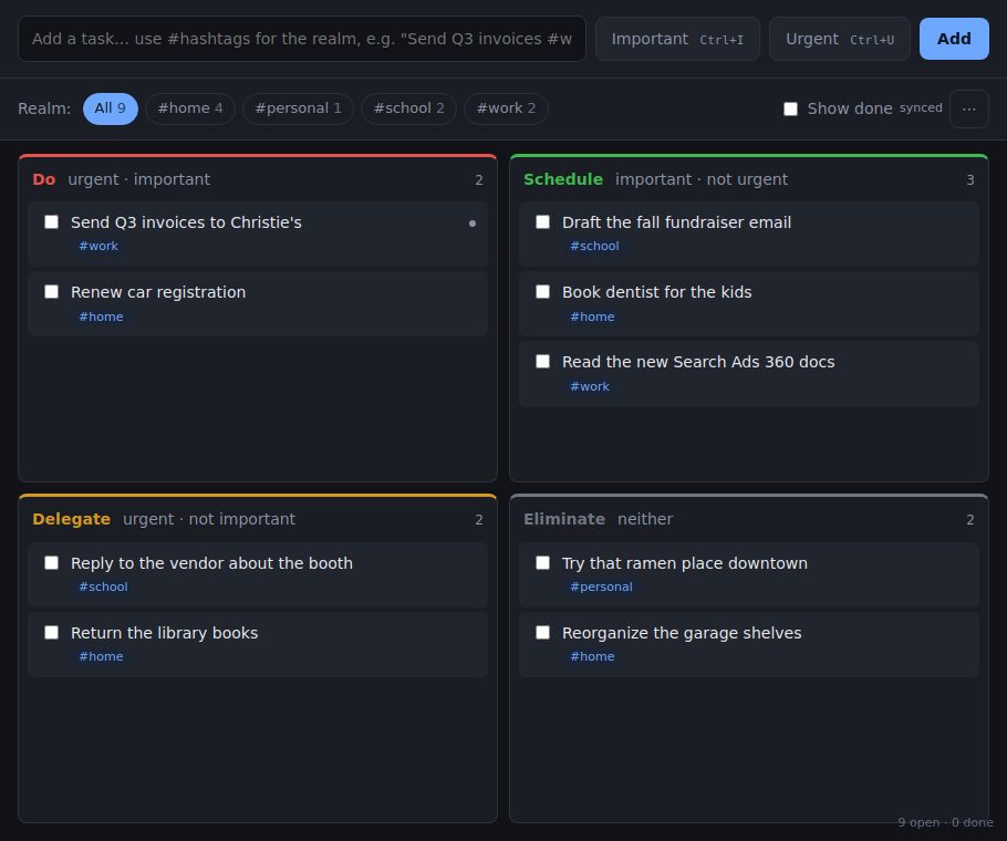 Airlock on a desktop: a capture bar above four quadrants — Do, Schedule, Delegate, Eliminate — with tasks tagged by realm